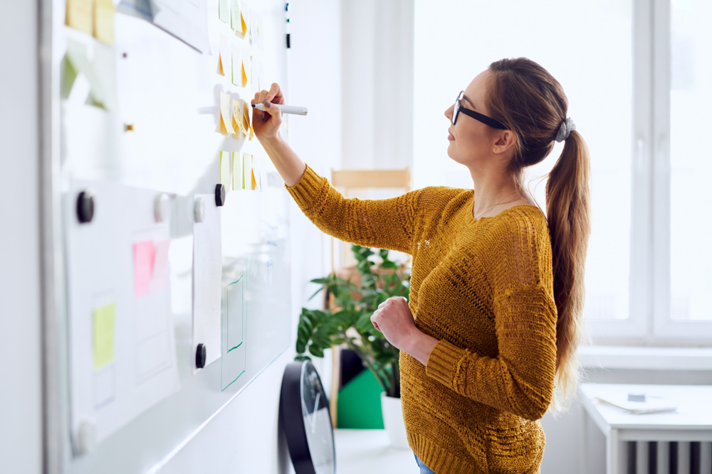 Young businesswoman planning on whiteboard in startup office