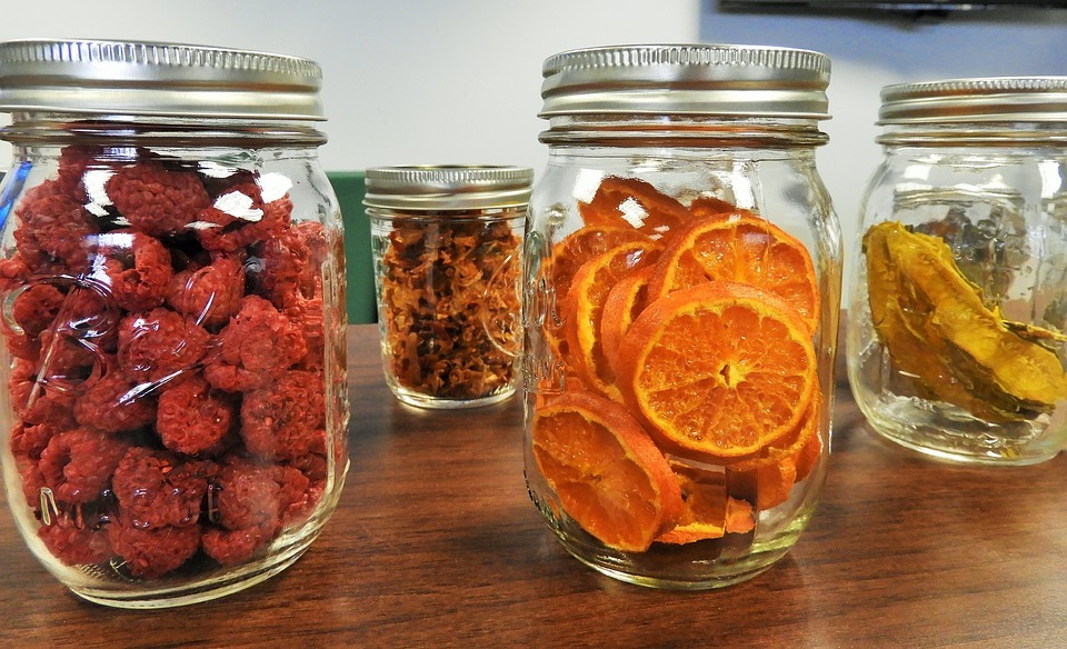 different foods preserved in jars