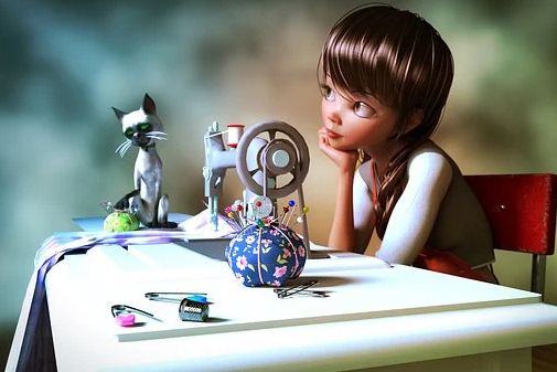 A cartoon girl infront of a sewing machine