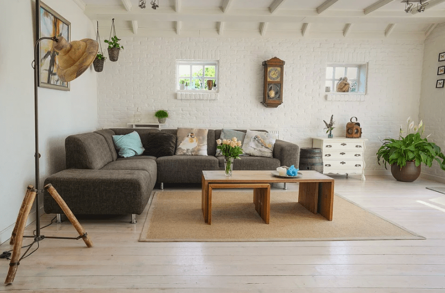 an interior with a homey ambience, a sofa with throw pillows, a small wooden table, a vintage clock, indoor plants
