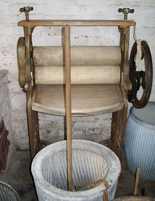 Mangle (wringer) on display at the Apprentice House at the Quarry Bank Mill in the UK